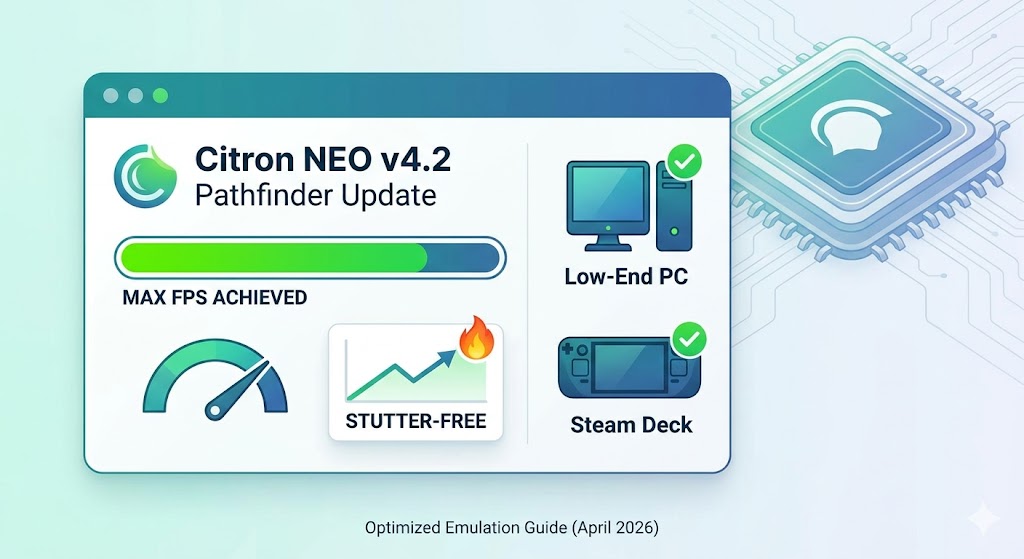 A visualization of optimized performance settings for the Citron NEO emulator Pathfinder update, showing high FPS, a stutter-free experience, and compatibility with low-end PCs and the Steam Deck.